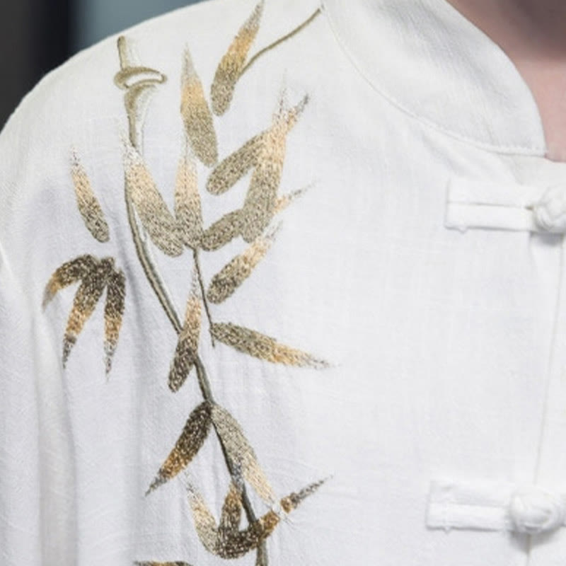 Buddha Stones Chinese Frog-Button Tang Suit Bamboo Leaves Long Sleeve Shirt Cotton Linen Men's Jacket - image 4