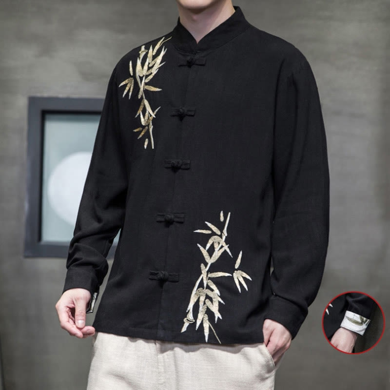 Buddha Stones Chinese Frog-Button Tang Suit Bamboo Leaves Long Sleeve Shirt Cotton Linen Men's Jacket - image 8