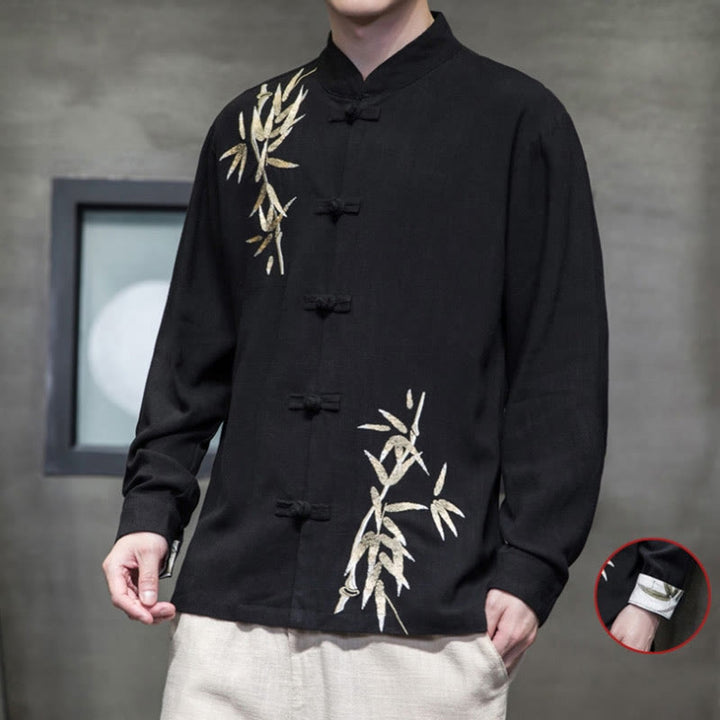Buddha Stones Chinese Frog-Button Tang Suit Bamboo Leaves Long Sleeve Shirt Cotton Linen Men's Jacket - image 8