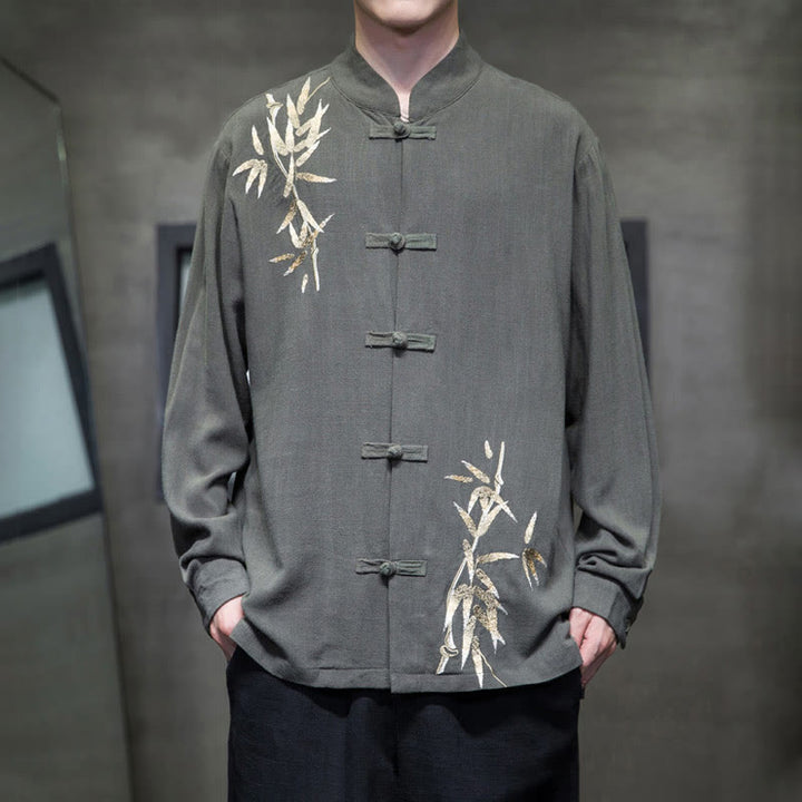 Buddha Stones Chinese Frog-Button Tang Suit Bamboo Leaves Long Sleeve Shirt Cotton Linen Men's Jacket - DarkSeaGreen - US/UK/AU46，EU56 (5XL)  - image 9