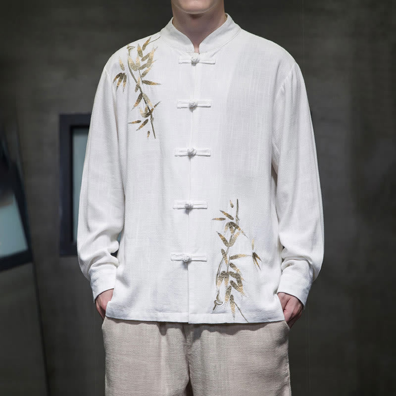 Buddha Stones Chinese Frog-Button Tang Suit Bamboo Leaves Long Sleeve Shirt Cotton Linen Men's Jacket - White - US/UK/AU46，EU56 (5XL)  - image 0