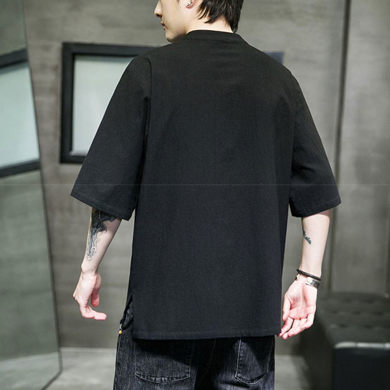 Buddha Stones Plain Color Frog-Button Embroidery Men's Half Sleeve Cotton Shirt - image 9