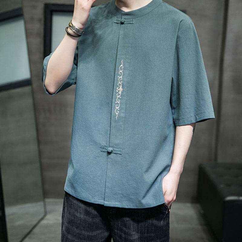 Buddha Stones Plain Color Frog-Button Embroidery Men's Half Sleeve Cotton Shirt - image 3