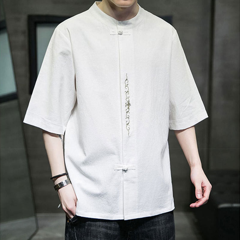 Buddha Stones Plain Color Frog-Button Embroidery Men's Half Sleeve Cotton Shirt - image 19