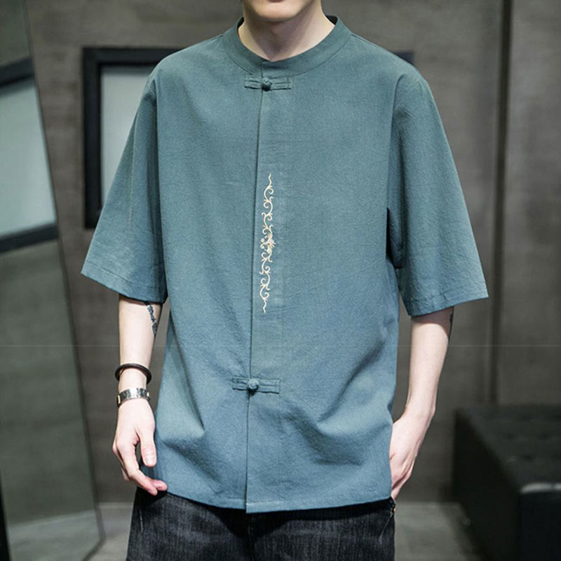 Buddha Stones Plain Color Frog-Button Embroidery Men's Half Sleeve Cotton Shirt - image 6