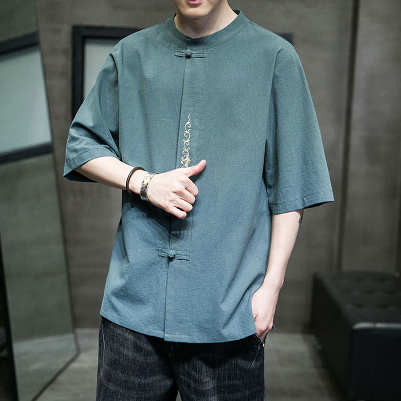 Buddha Stones Plain Color Frog-Button Embroidery Men's Half Sleeve Cotton Shirt - image 7