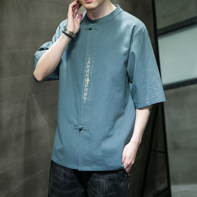 Buddha Stones Plain Color Frog-Button Embroidery Men's Half Sleeve Cotton Shirt - image 4