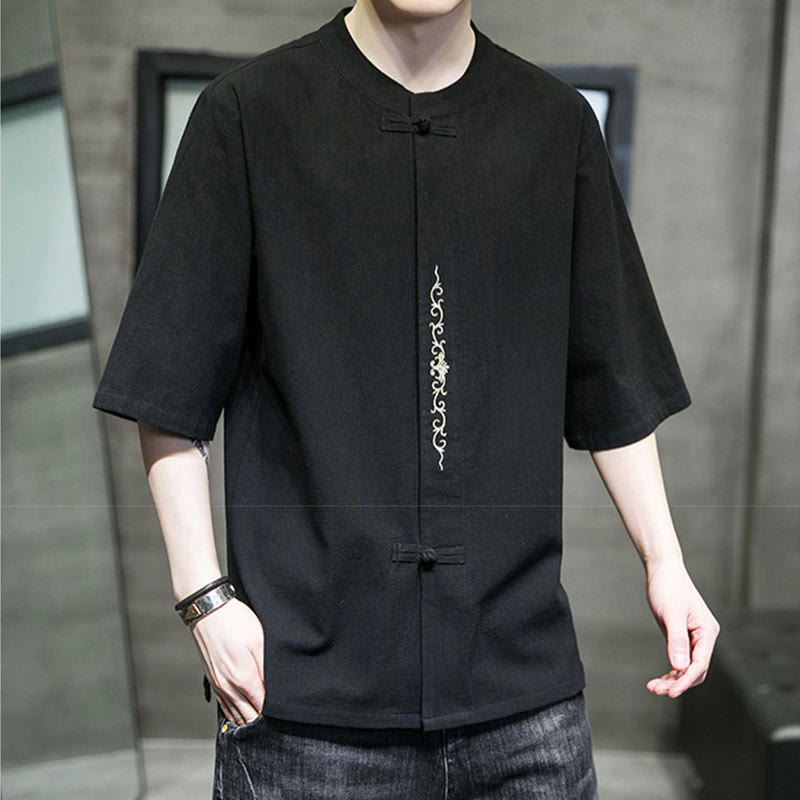 Buddha Stones Plain Color Frog-Button Embroidery Men's Half Sleeve Cotton Shirt - image 15