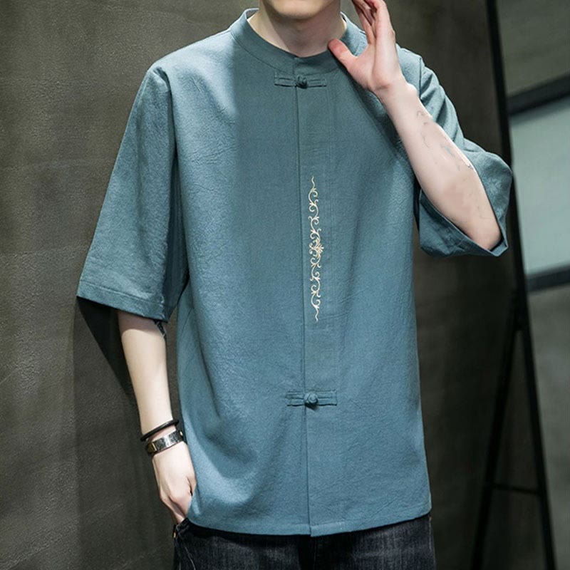 Buddha Stones Plain Color Frog-Button Embroidery Men's Half Sleeve Cotton Shirt - image 5