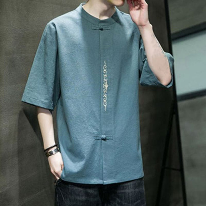 Buddha Stones Plain Color Frog-Button Embroidery Men's Half Sleeve Cotton Shirt - image 1