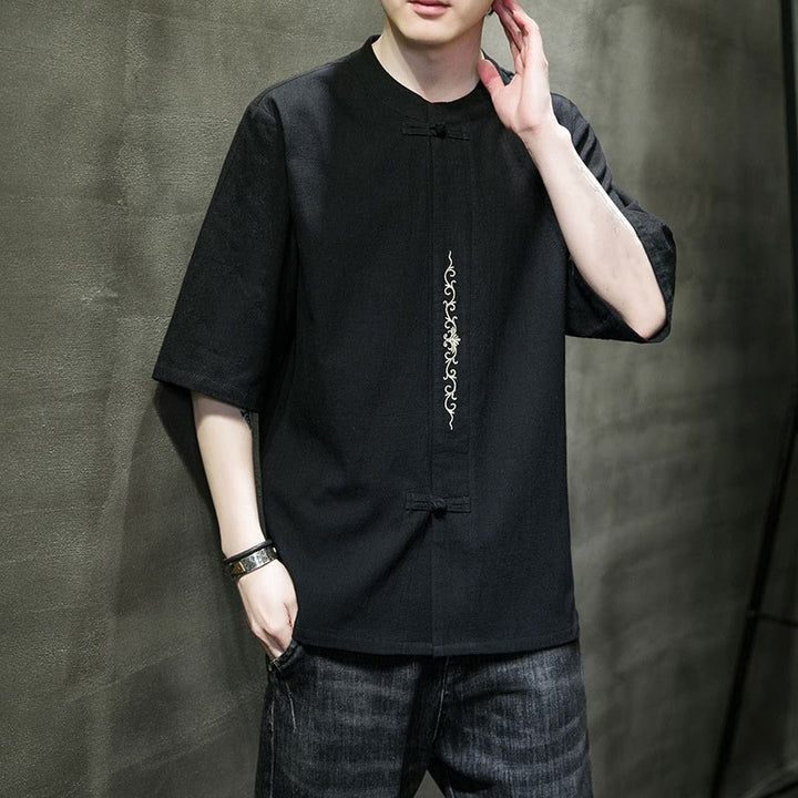 Buddha Stones Plain Color Frog-Button Embroidery Men's Half Sleeve Cotton Shirt - image 14