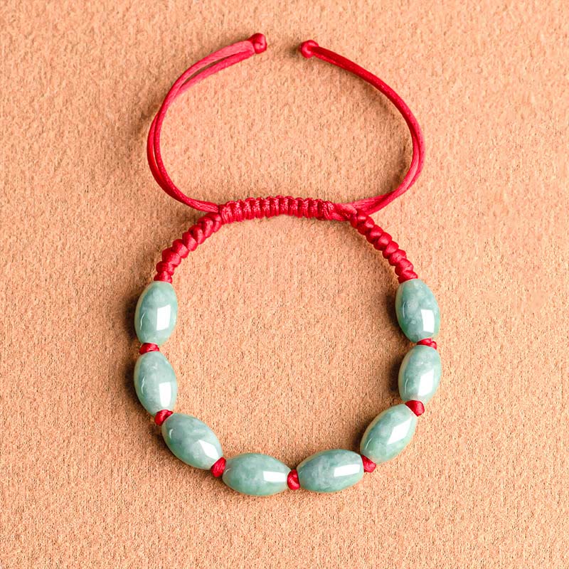 Buddha Stones Jade Luck Red String Bracelet - Eight Beads Jade (Wrist Circumference: 14-20cm) - image 0