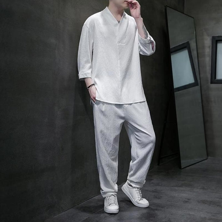 Buddha Stones Solid Color Three Quarter Sleeve Shirt Casual Pants Clothing Men's Set - image 1