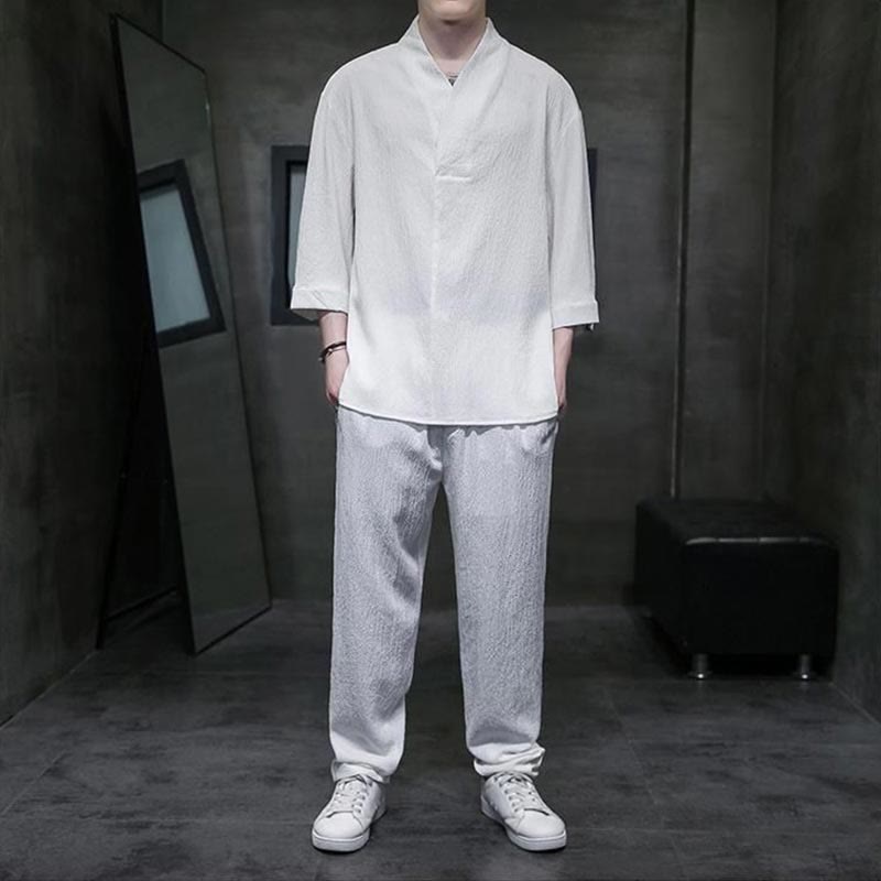 Buddha Stones Solid Color Three Quarter Sleeve Shirt Casual Pants Clothing Men's Set - White - US/UK/AU44，EU54 (4XL) - image 0