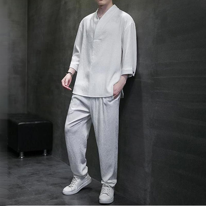 Buddha Stones Solid Color Three Quarter Sleeve Shirt Casual Pants Clothing Men's Set - image 6