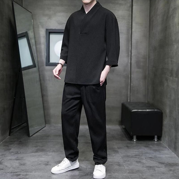 Buddha Stones Solid Color Three Quarter Sleeve Shirt Casual Pants Clothing Men's Set - image 8