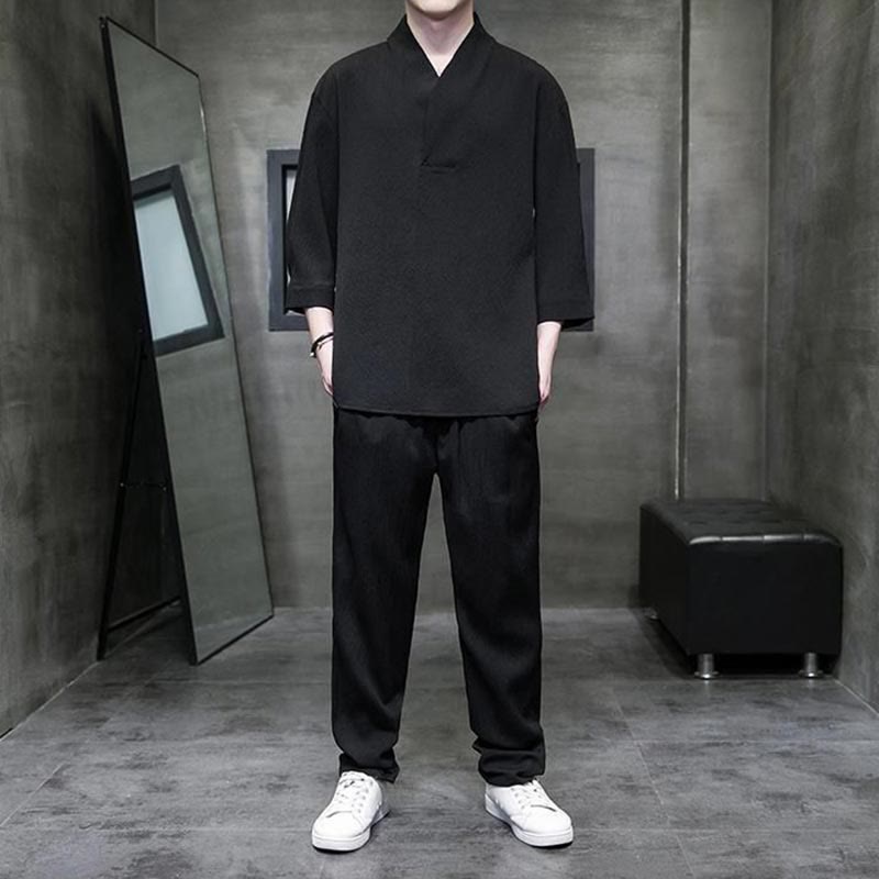 Buddha Stones Solid Color Three Quarter Sleeve Shirt Casual Pants Clothing Men's Set - Black - US/UK/AU44，EU54 (4XL) - image 7