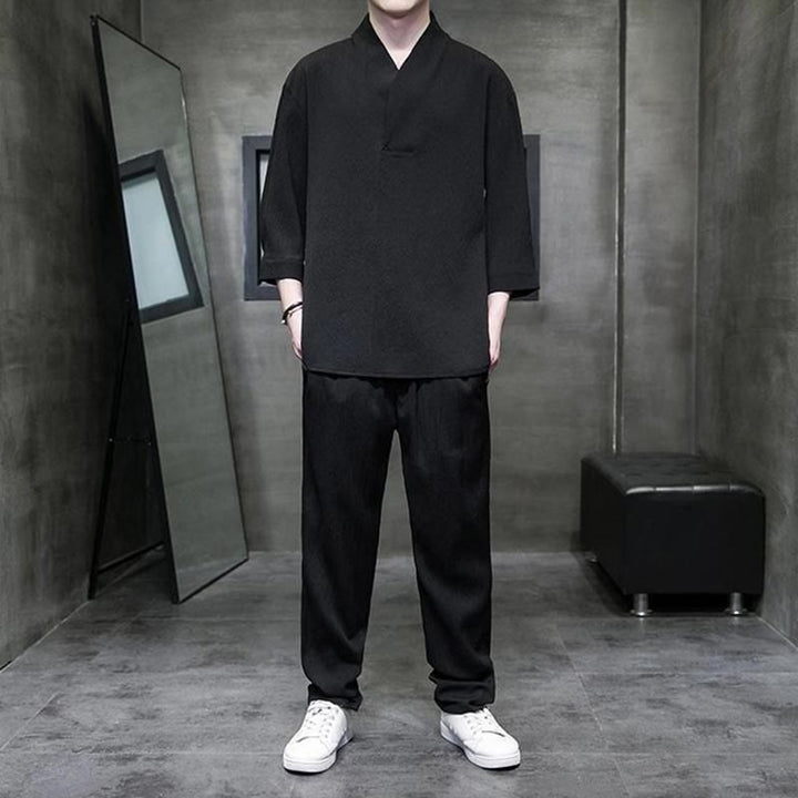 Buddha Stones Solid Color Three Quarter Sleeve Shirt Casual Pants Clothing Men's Set - Black - US/UK/AU44，EU54 (4XL) - image 7