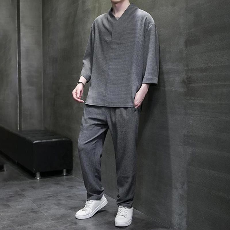 Buddha Stones Solid Color Three Quarter Sleeve Shirt Casual Pants Clothing Men's Set - image 22