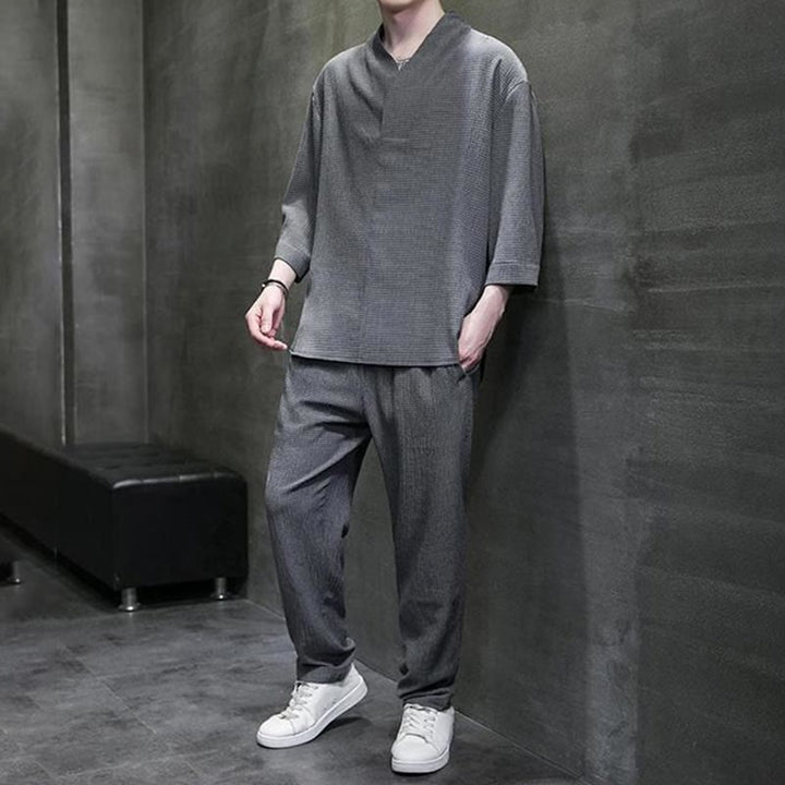 Buddha Stones Solid Color Three Quarter Sleeve Shirt Casual Pants Clothing Men's Set - image 22