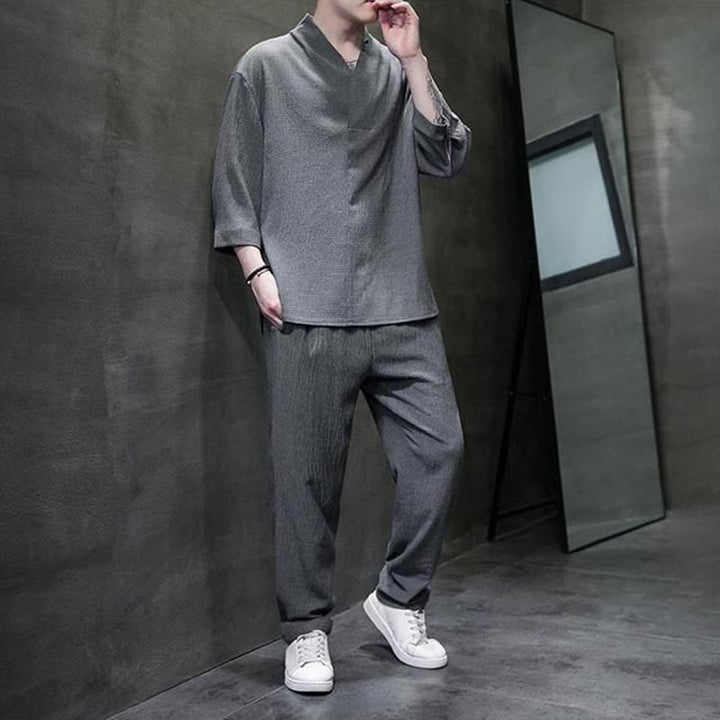 Buddha Stones Solid Color Three Quarter Sleeve Shirt Casual Pants Clothing Men's Set - image 20