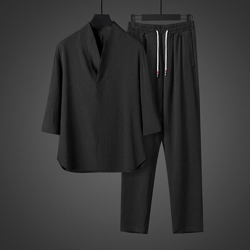 Buddha Stones Solid Color Three Quarter Sleeve Shirt Casual Pants Clothing Men's Set - image 11