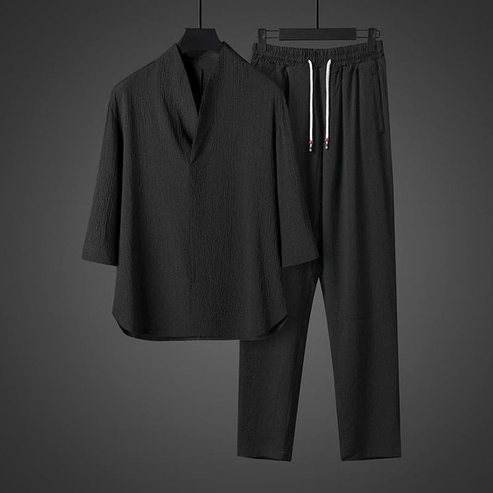 Buddha Stones Solid Color Three Quarter Sleeve Shirt Casual Pants Clothing Men's Set - image 11