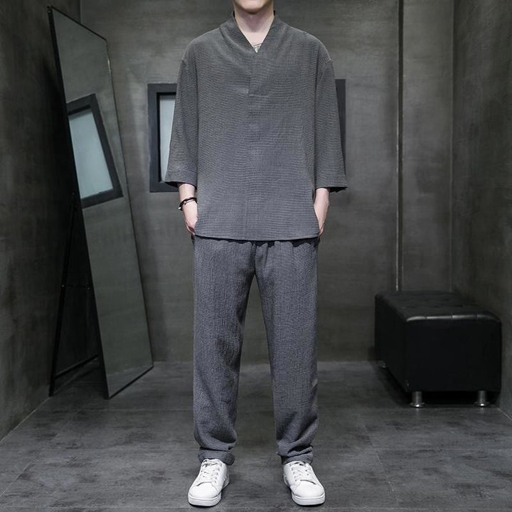 Buddha Stones Solid Color Three Quarter Sleeve Shirt Casual Pants Clothing Men's Set - DimGray - US/UK/AU44，EU54 (4XL) - image 18