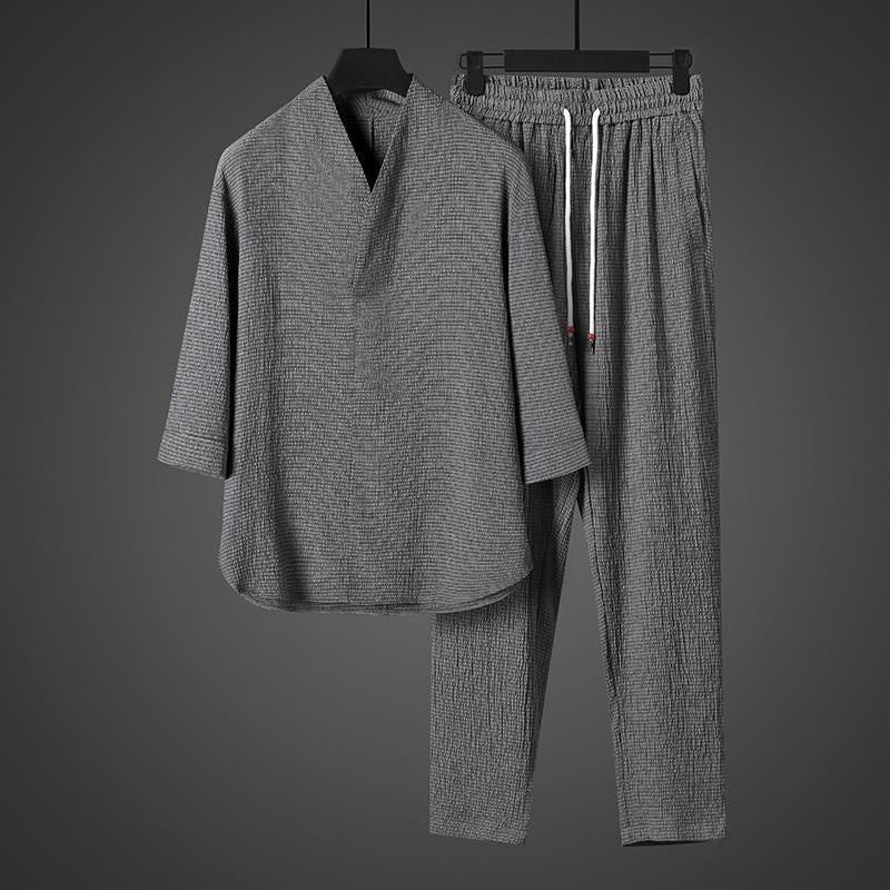 Buddha Stones Solid Color Three Quarter Sleeve Shirt Casual Pants Clothing Men's Set - image 23