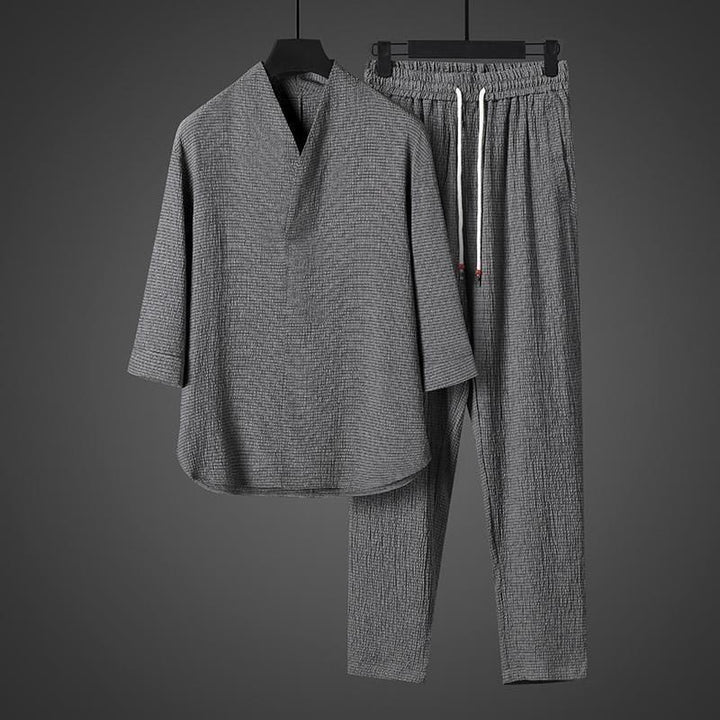 Buddha Stones Solid Color Three Quarter Sleeve Shirt Casual Pants Clothing Men's Set - image 23