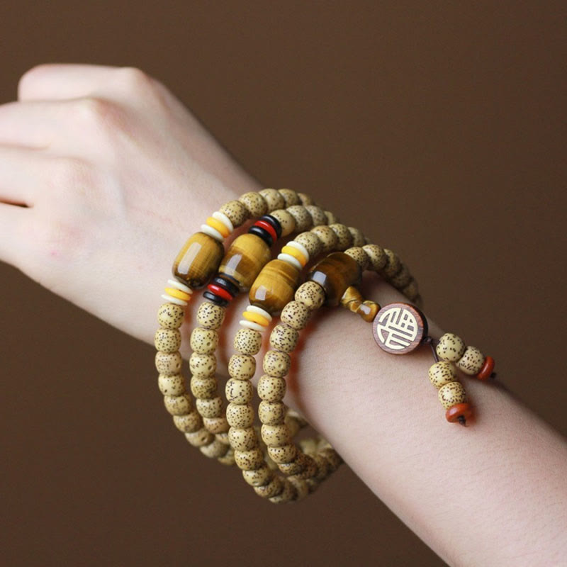 Buddha Stones 108 Mala Beads Bodhi Seed Tiger's Eye Fu Character Peace Bracelet - image 4