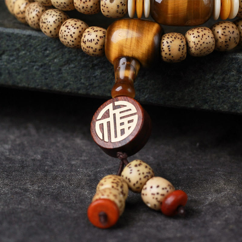 Buddha Stones 108 Mala Beads Bodhi Seed Tiger's Eye Fu Character Peace Bracelet - image 9