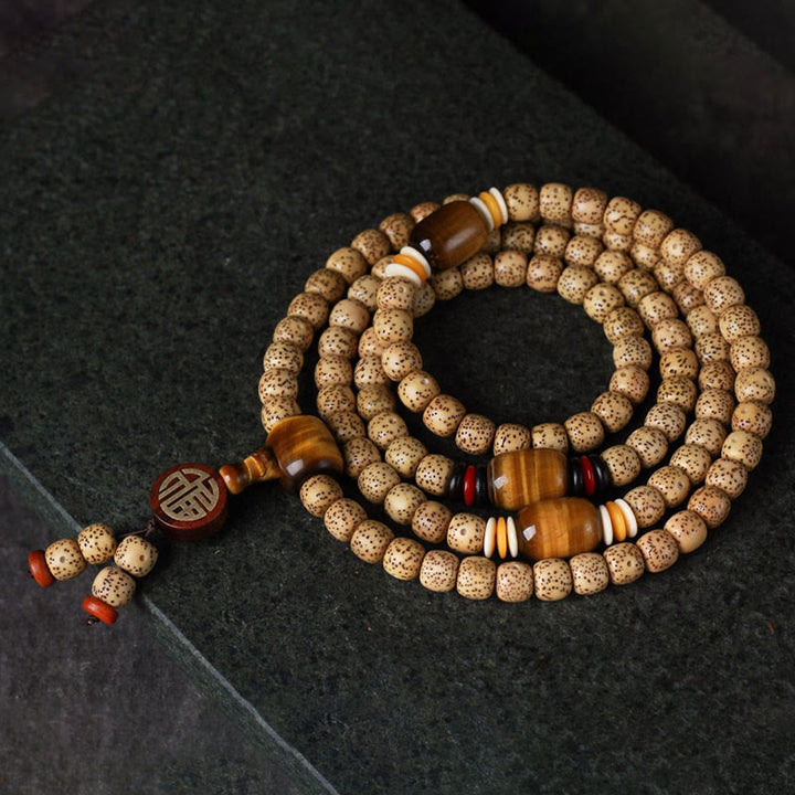 Buddha Stones 108 Mala Beads Bodhi Seed Tiger's Eye Fu Character Peace Bracelet - image 3