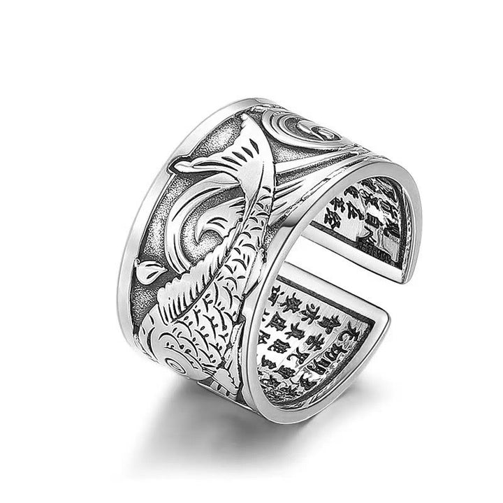 Buddha Stones Koi Fish Heart Sutra Carved Design Luck Wealth Ring - image 7