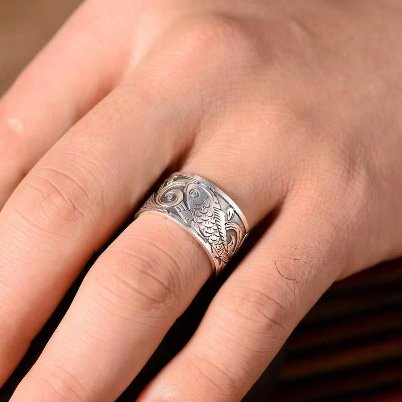 Buddha Stones Koi Fish Heart Sutra Carved Design Luck Wealth Ring - image 6