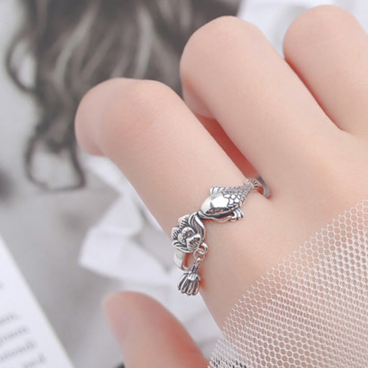 Buddha Stones 925 Sterling Silver Koi Fish Lotus Flower Success Ring - image 6
