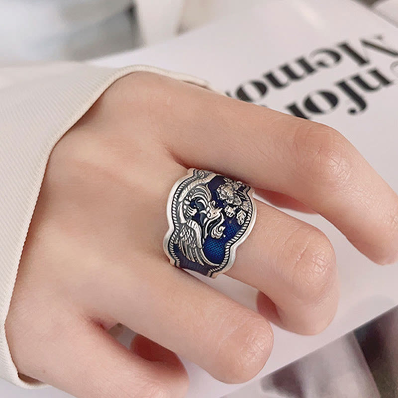 Buddha Stones 925 Sterling Silver Phoenix Peony Flowers Carved Luck Adjustable Ring - image 7