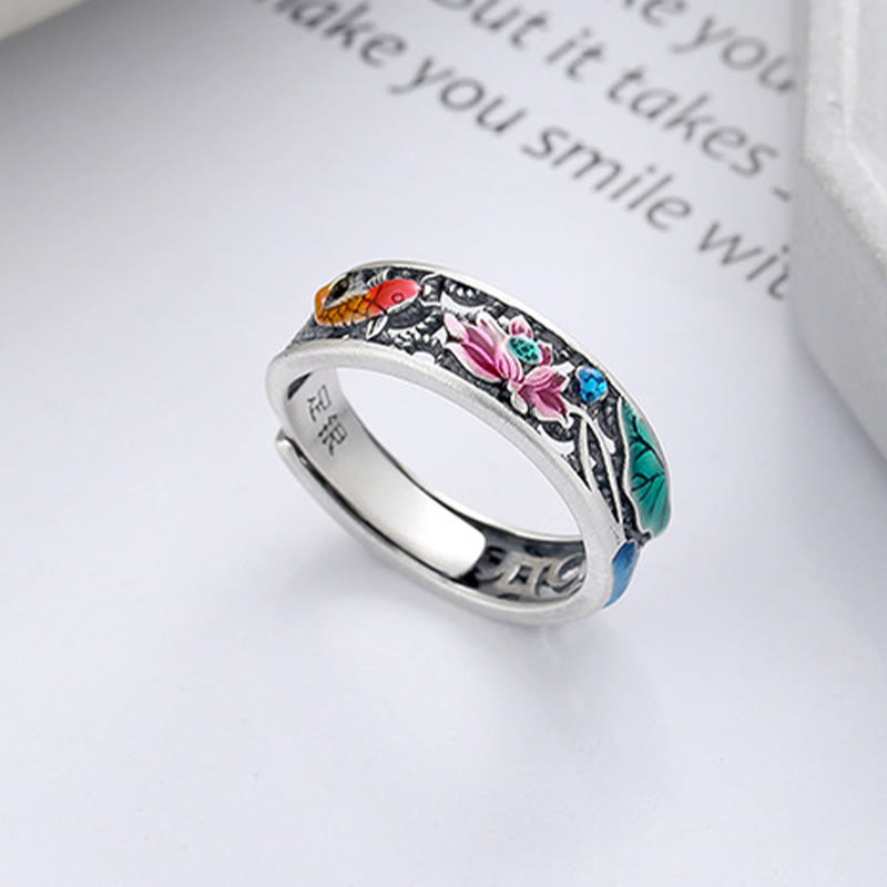 Buddha Stones 925 Sterling Silver Koi Fish Lotus Luck Everything Goes Well Ring - image 2