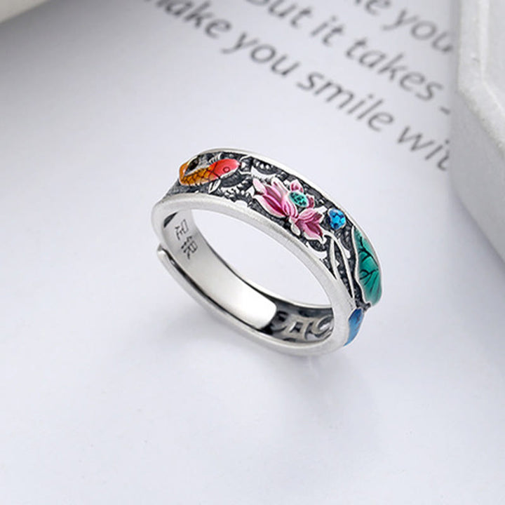 Buddha Stones 925 Sterling Silver Koi Fish Lotus Luck Everything Goes Well Ring - image 2