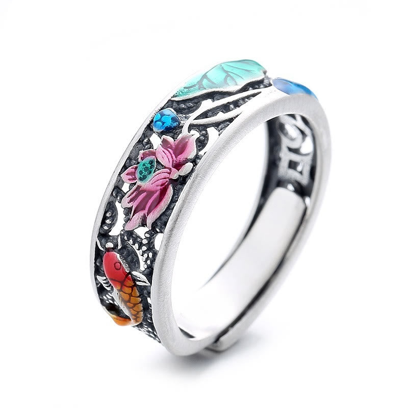 Buddha Stones 925 Sterling Silver Koi Fish Lotus Luck Everything Goes Well Ring - image 12