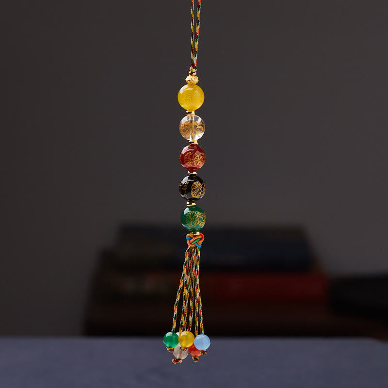 Buddha Stones Handmade Tibetan Five God Of Wealth Various Agate Luck Braid Rope Car Hanging Decoration - 8mm Agate Five God of Wealth - image 1