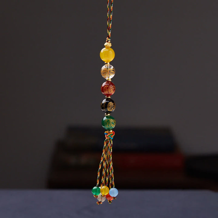 Buddha Stones Handmade Tibetan Five God Of Wealth Various Agate Luck Braid Rope Car Hanging Decoration - 8mm Agate Five God of Wealth - image 1