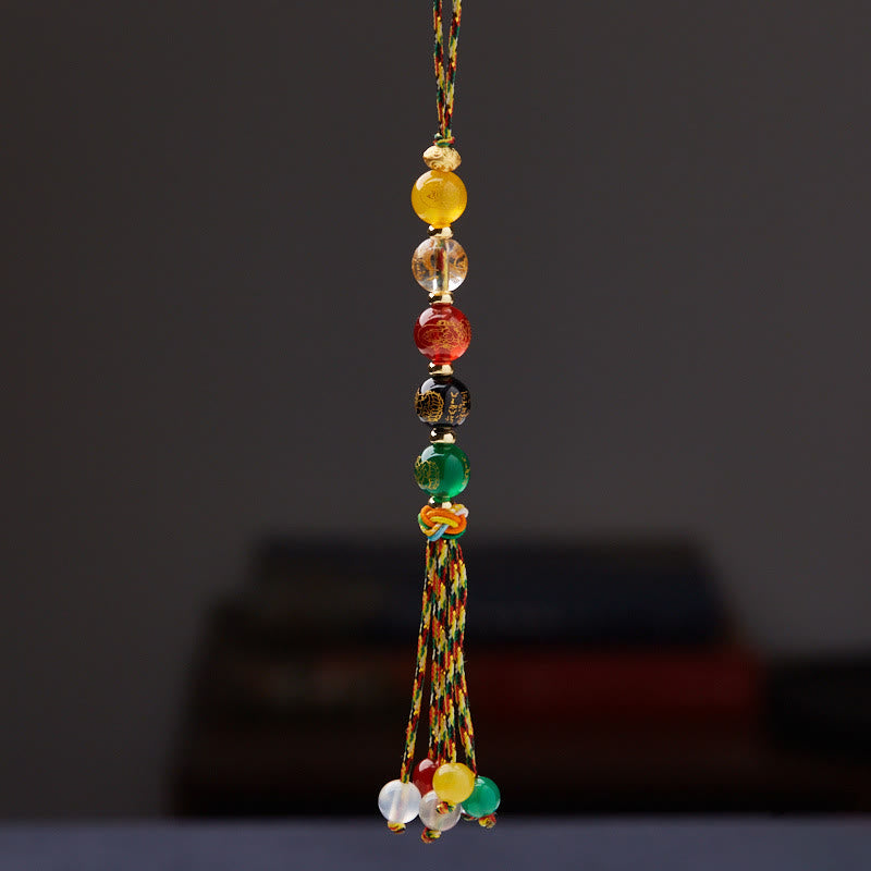 Buddha Stones Handmade Tibetan Five God Of Wealth Various Agate Luck Braid Rope Car Hanging Decoration - 10mm Agate Five God of Wealth - image 4