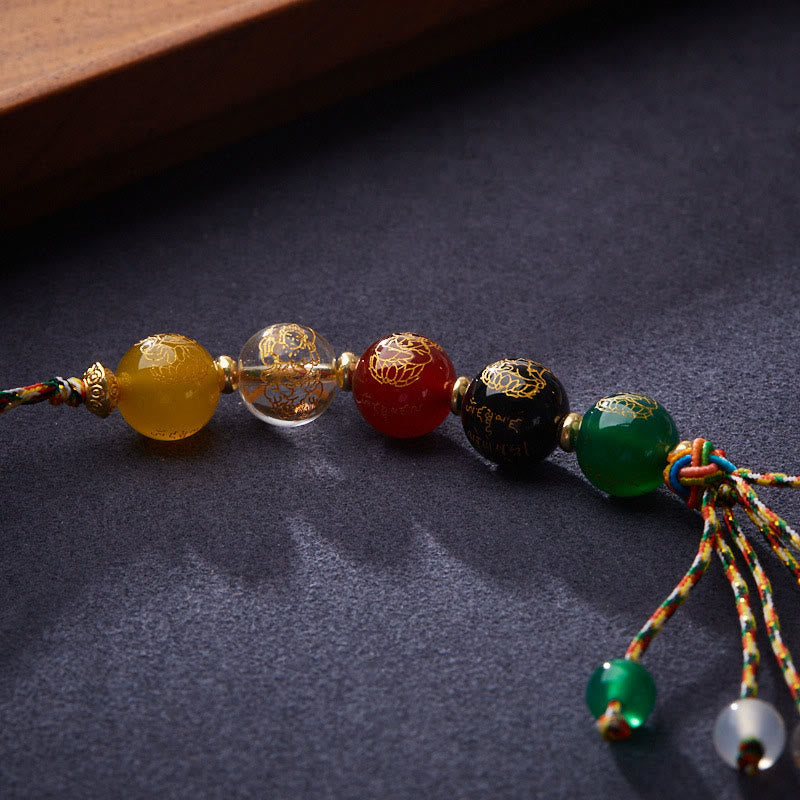 Buddha Stones Handmade Tibetan Five God Of Wealth Various Agate Luck Braid Rope Car Hanging Decoration - image 5