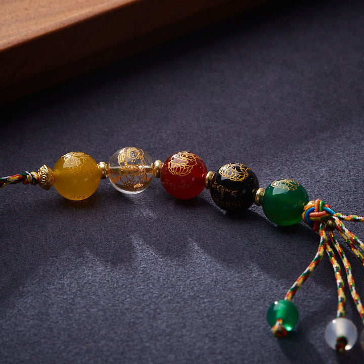 Buddha Stones Handmade Tibetan Five God Of Wealth Various Agate Luck Braid Rope Car Hanging Decoration - image 5