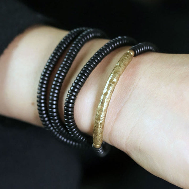 Buddha Stones Tibetan Ebony Wood Beads Copper Peace Multilayered Bracelet - image 5