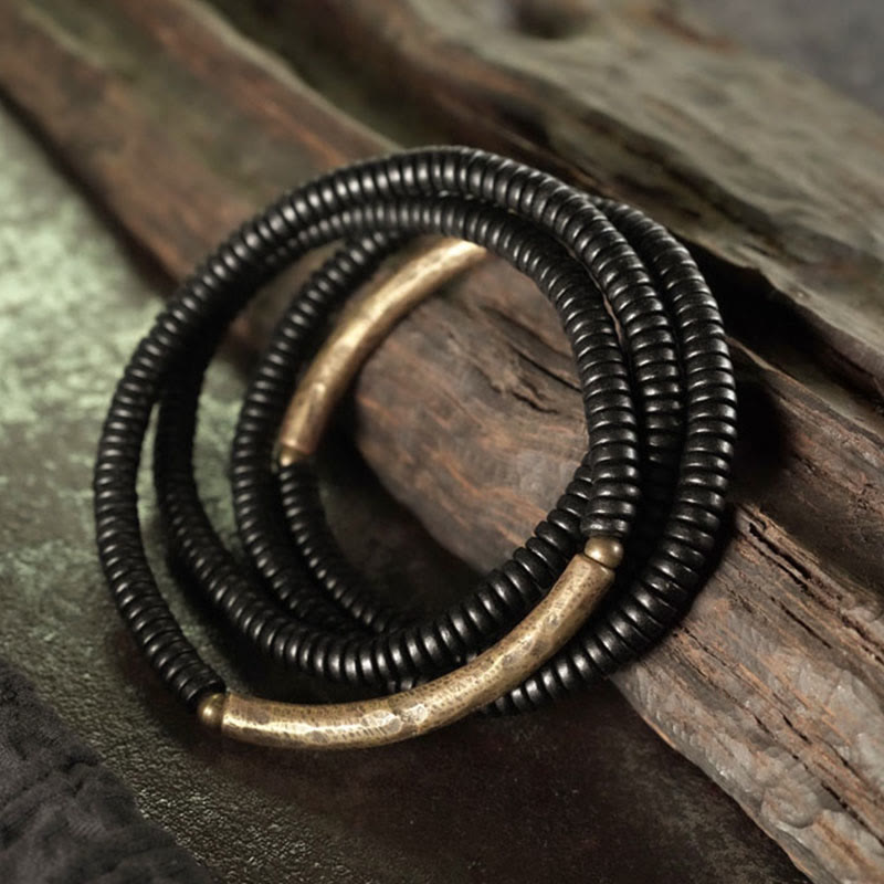 Buddha Stones Tibetan Ebony Wood Beads Copper Peace Multilayered Bracelet - image 1