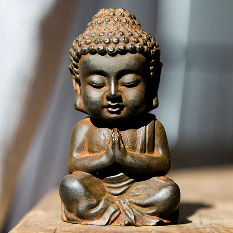 Buddha Stones Handmade Small Sakyamuni Buddha Iron Powder Rust Cast Resin Statue Decoration - Rust Version - Praying Buddha 9*5.5cm - image 9