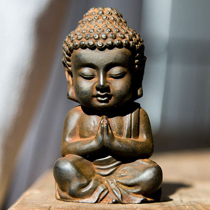 Buddha Stones Handmade Small Sakyamuni Buddha Iron Powder Rust Cast Resin Statue Decoration - Rust Version - Praying Buddha 9*5.5cm - image 9