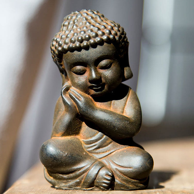 Buddha Stones Handmade Small Sakyamuni Buddha Iron Powder Rust Cast Resin Statue Decoration - Rust Version - Buddha Resting His Chin 9*5.5cm - image 11